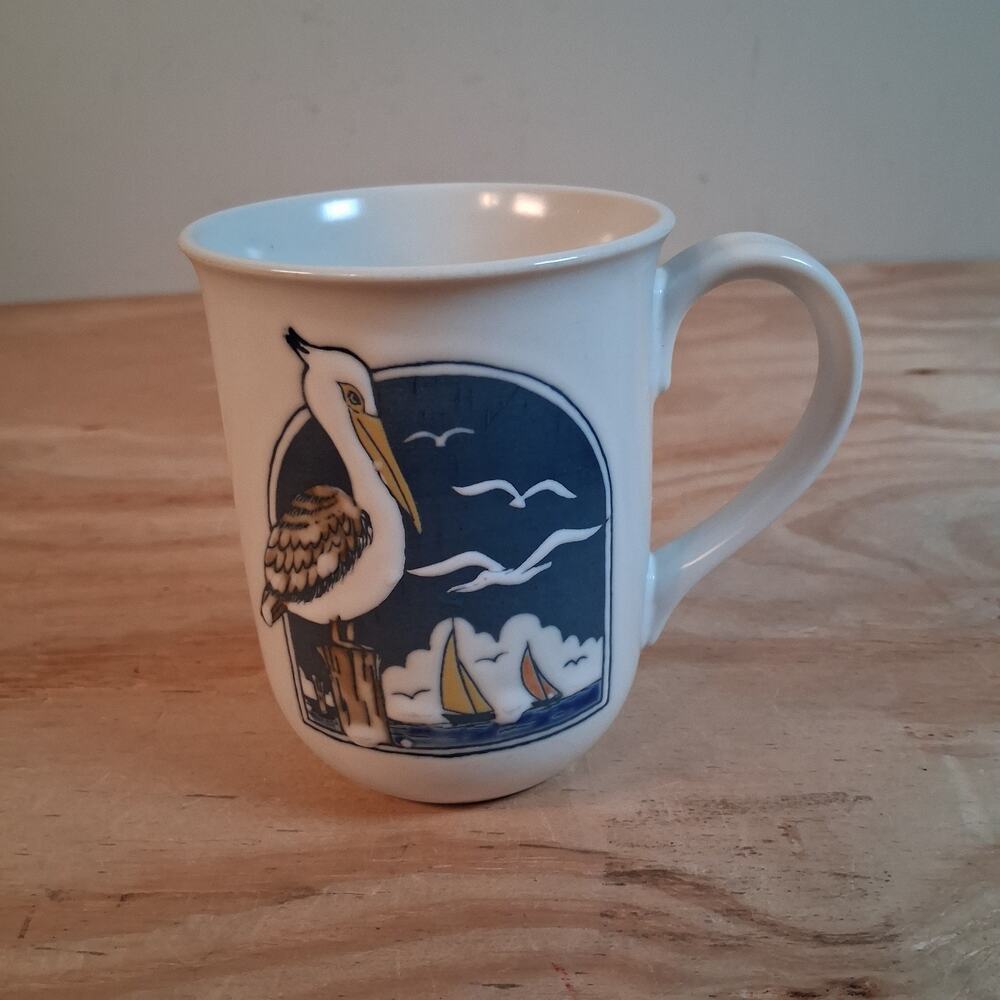 Vintage Otagiri Japan Stoneware Mug - Embossed Heron Sailboat White Mug